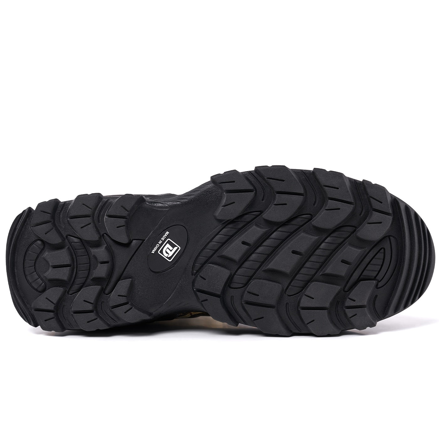 Close-up of outsole tread on Trudave StreamTrek Series men’s tall waterproof hunting boots – Real Reed camo design showing deep slip-resistant pattern and rugged waterproof sole for duck hunting and outdoor terrain